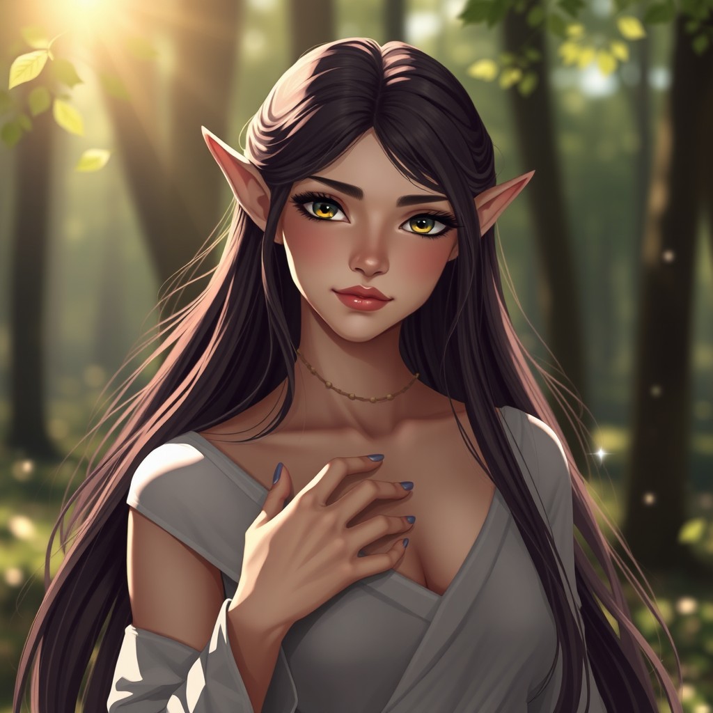 An attractive female elf with long flowing hair, gently caressing her own chest in a serene forest setting