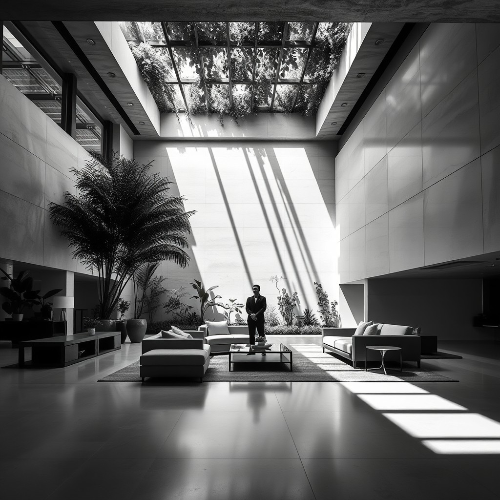 Black and white photography with high contrast and a minimalist aesthetic, showcasing an architectural design of a contemporary underground lobby area