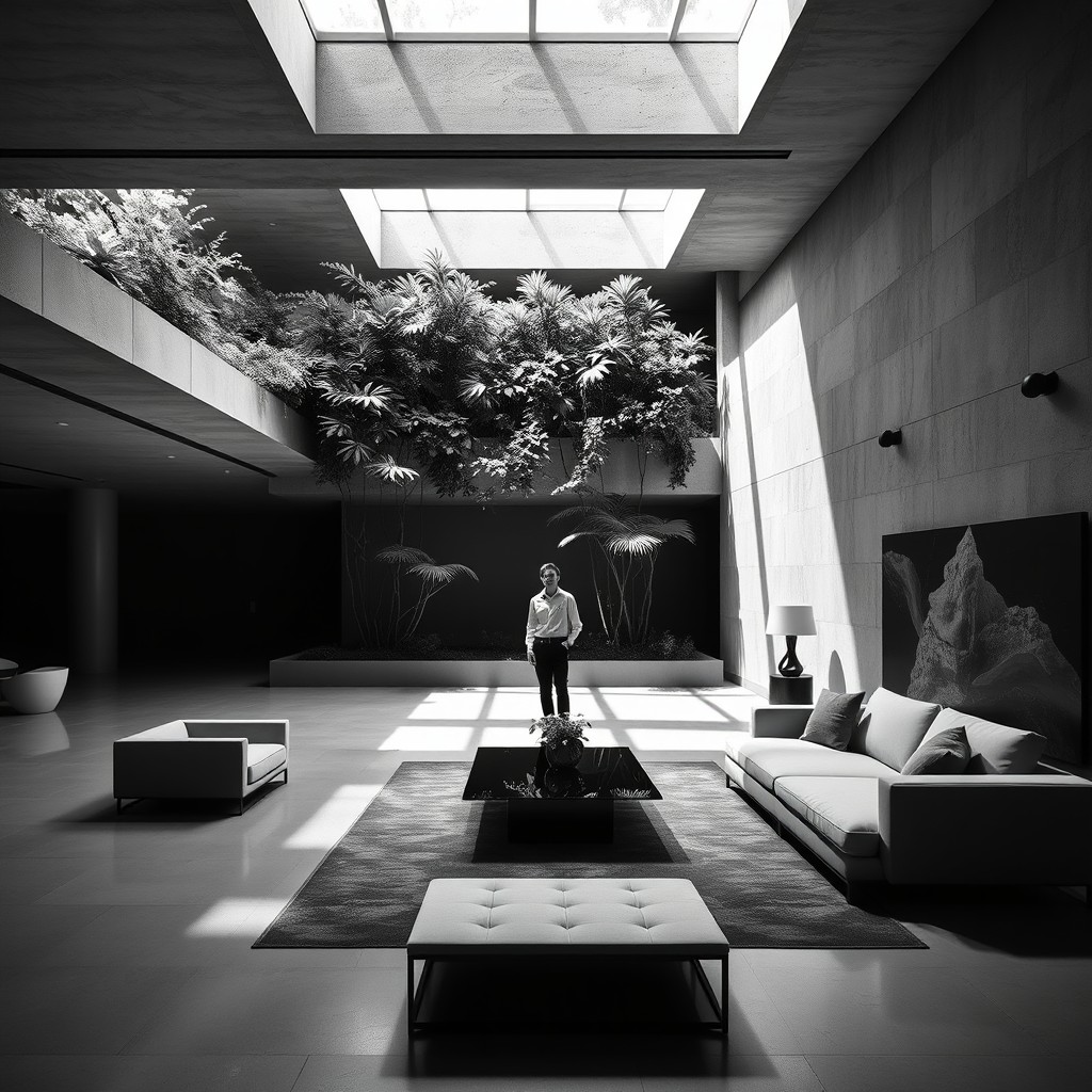 A high contrast black and white photograph focusing on a contemporary underground lobby area characterized by a minimalist aesthetic and architectural design