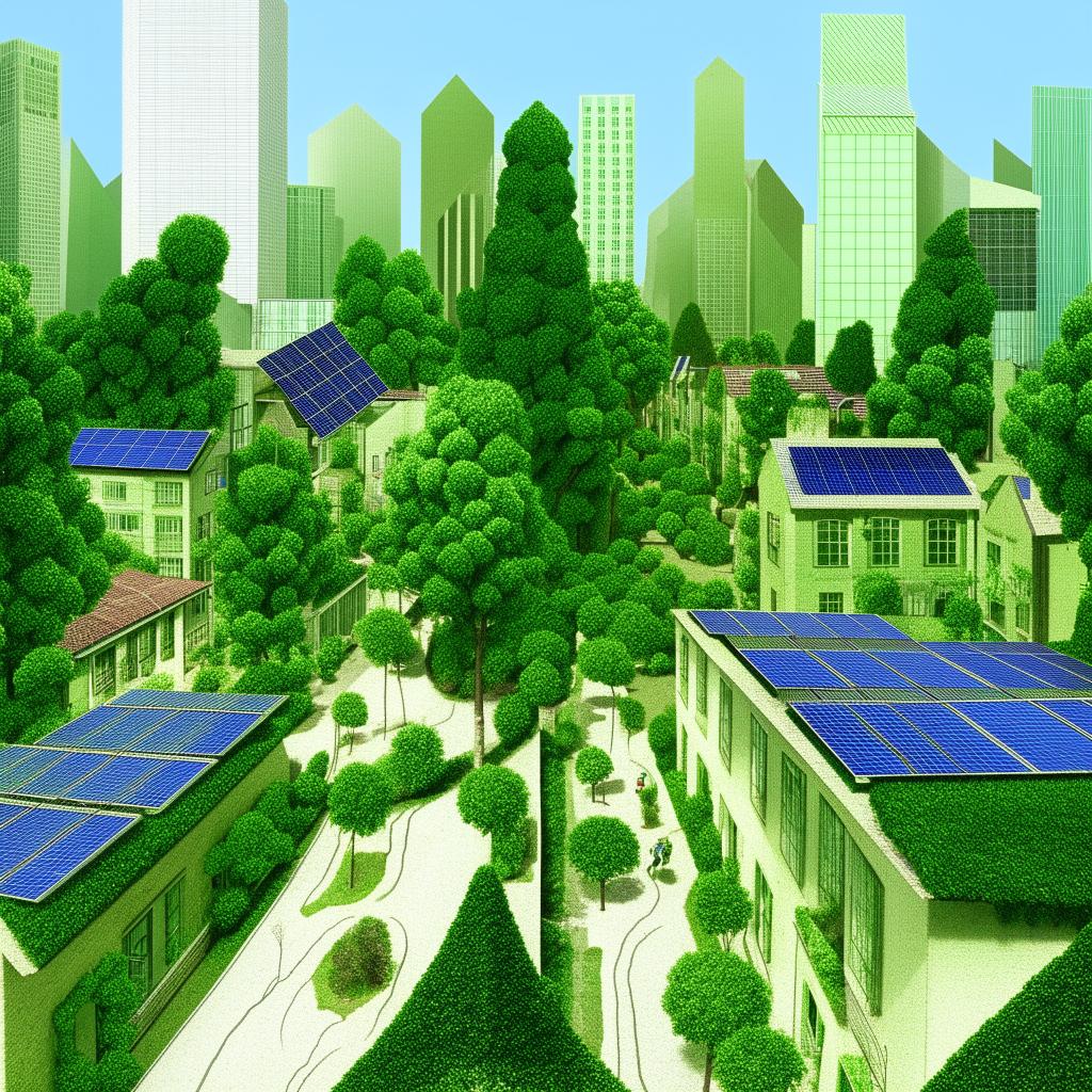 An illustration of a green city, with solar panels on the rooftops and trees lining the sidewalks.