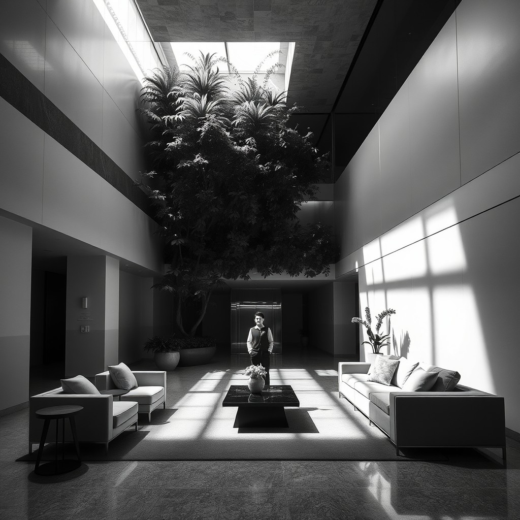 Black and white photography with high contrast and a minimalist aesthetic, centered on architectural design and details