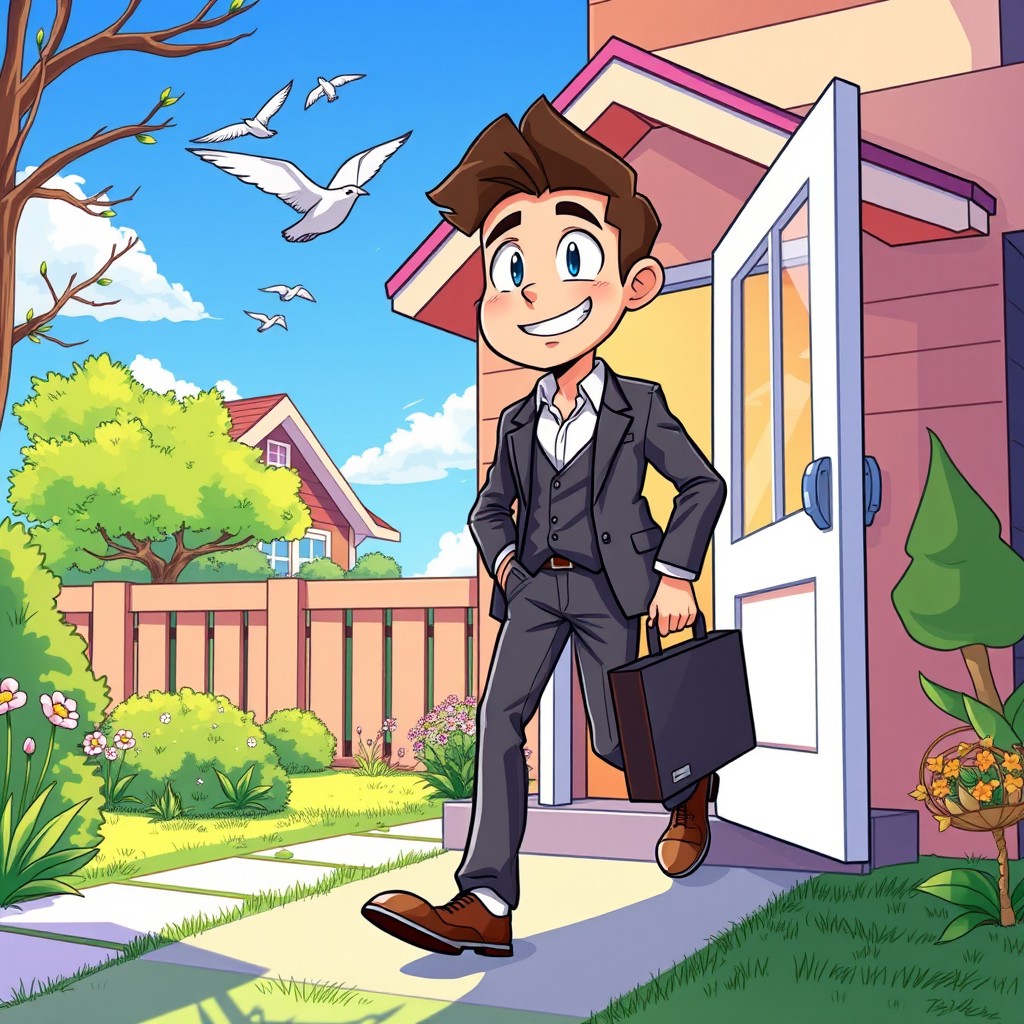 A cheerful scene of a man stepping out of his house to go to work, illustrated in a vibrant anime style