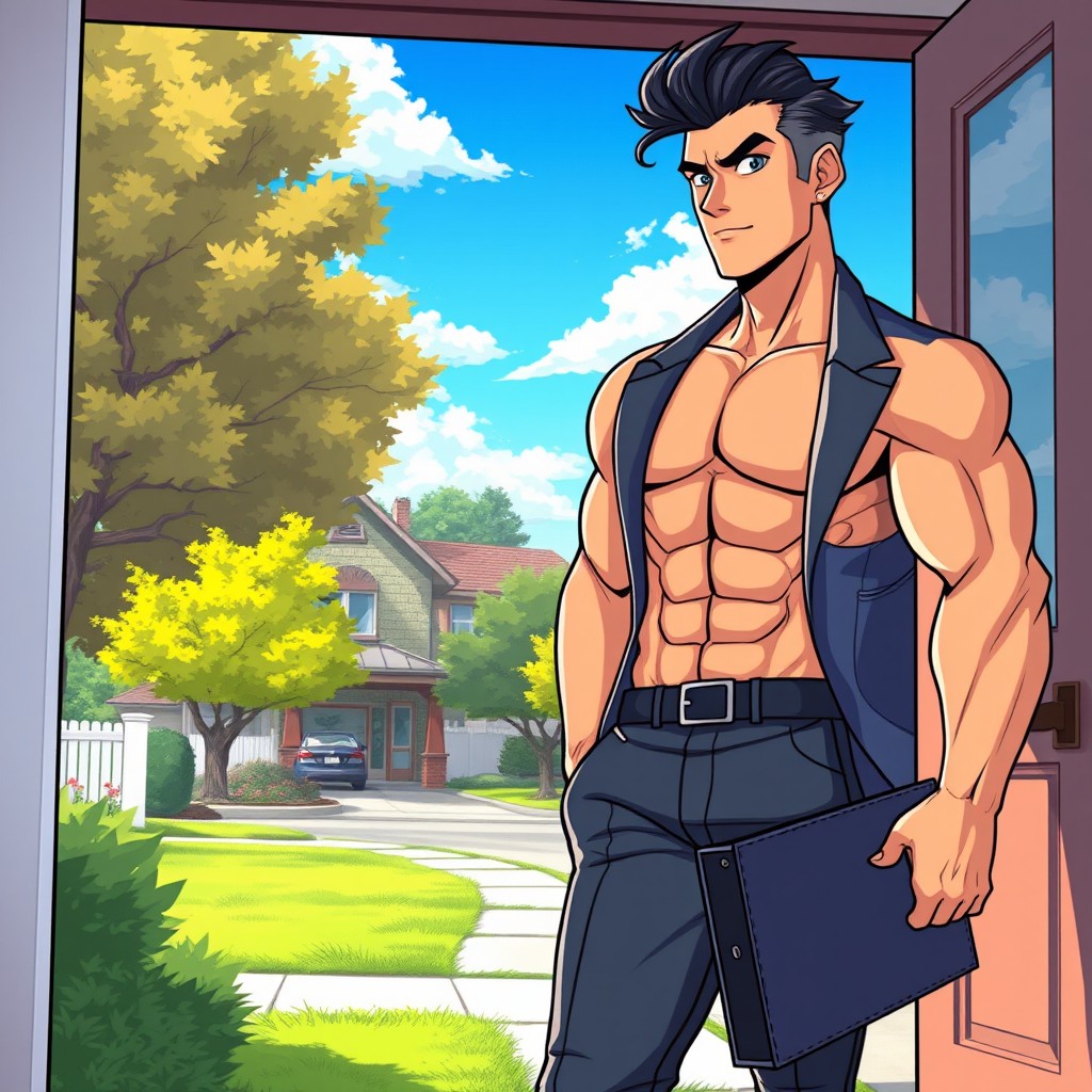A muscular man stepping out of his home, ready to head to work, illustrated in anime style