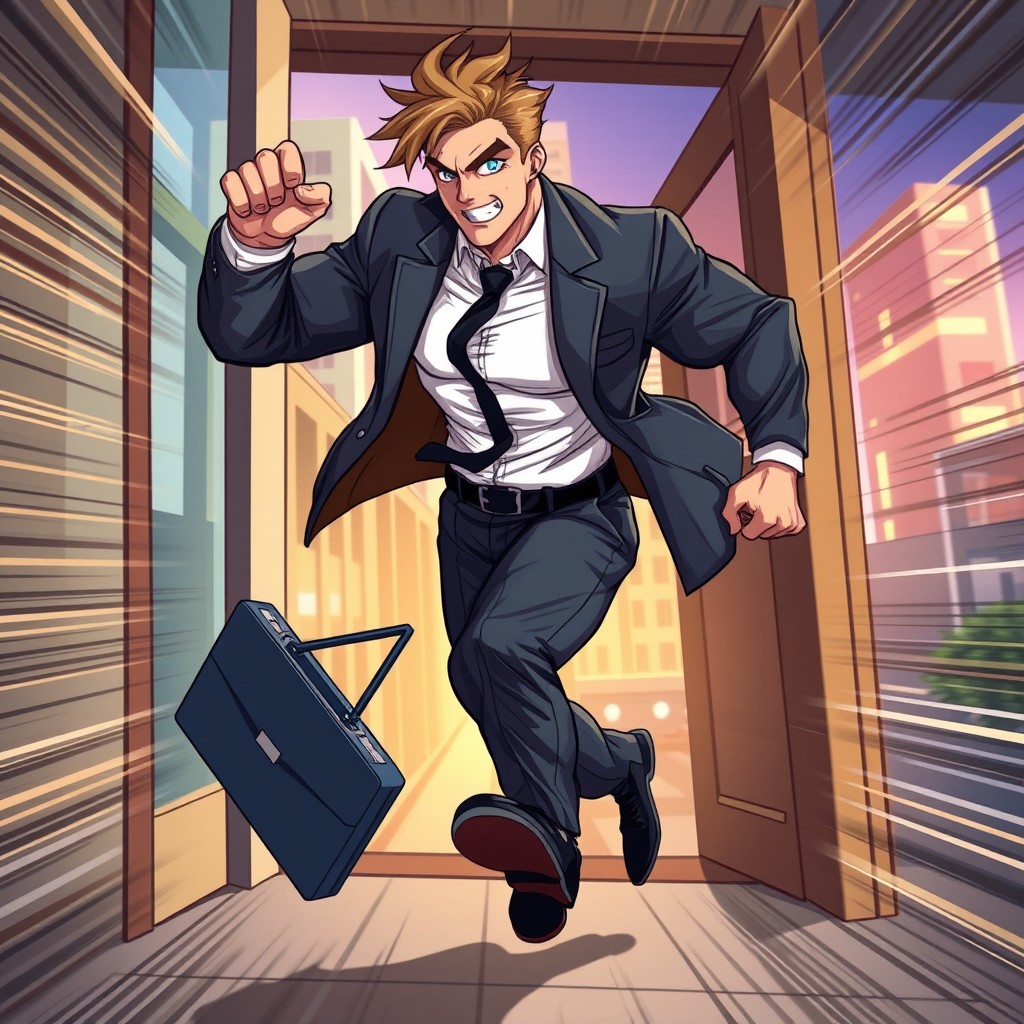A muscular man energetically stepping out of his home, ready to head to work, illustrated in anime style with an action-packed vibe