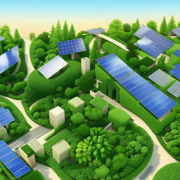 An illustration of a green city, with solar panels on the rooftops and trees lining the sidewalks.