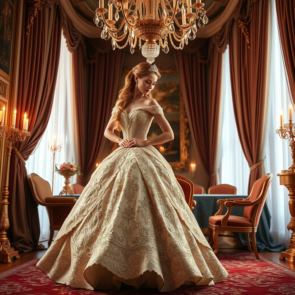 A stunning scene featuring Giselle, a princess, elegantly putting on her grand ball gown