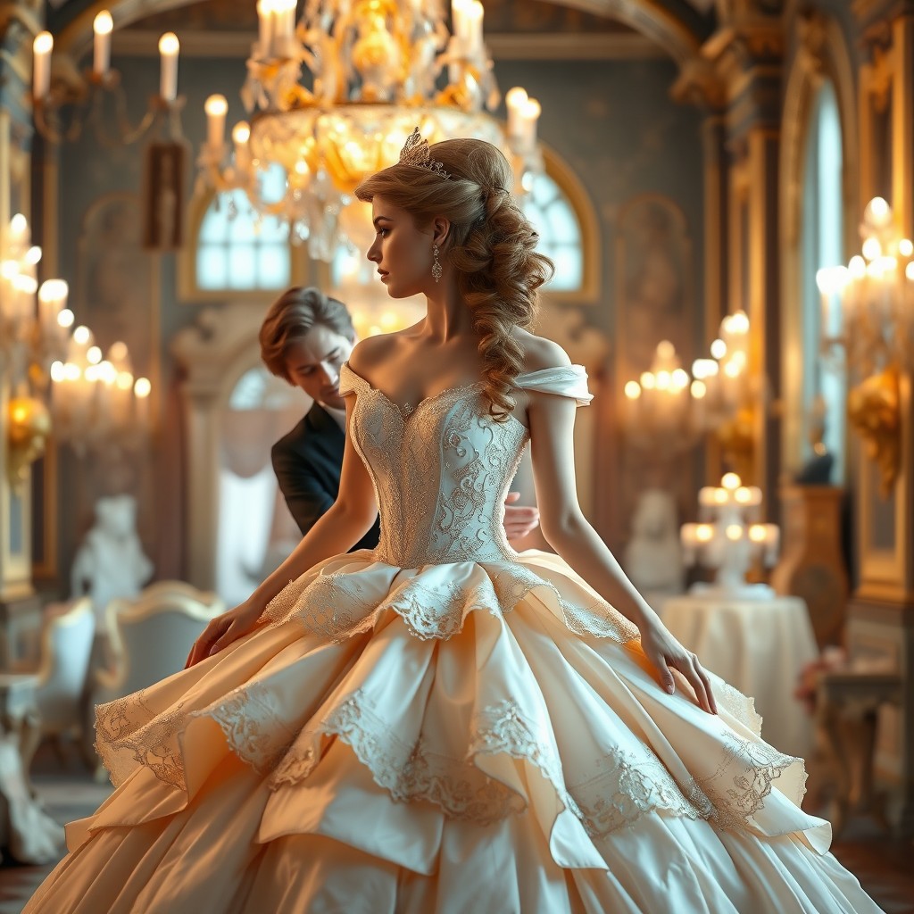 A beautiful scene of Giselle, a princess, wearing her stunning ball gown