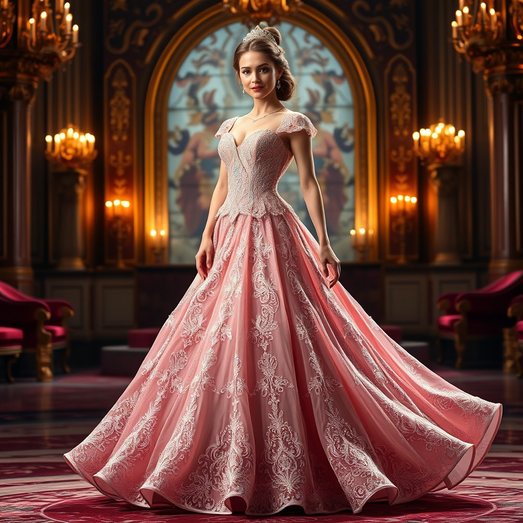 Princess Giselle wearing a magnificent large ballroom gown, intricately designed with delicate lace and sparkling sequins, in a vibrant and elegant color