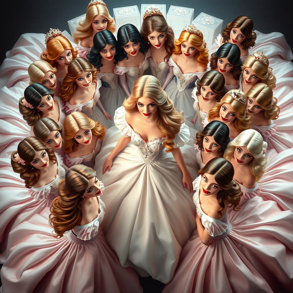 Espen Askeladd surrounded by 25 beautiful princesses, all with sweet, charming smiles