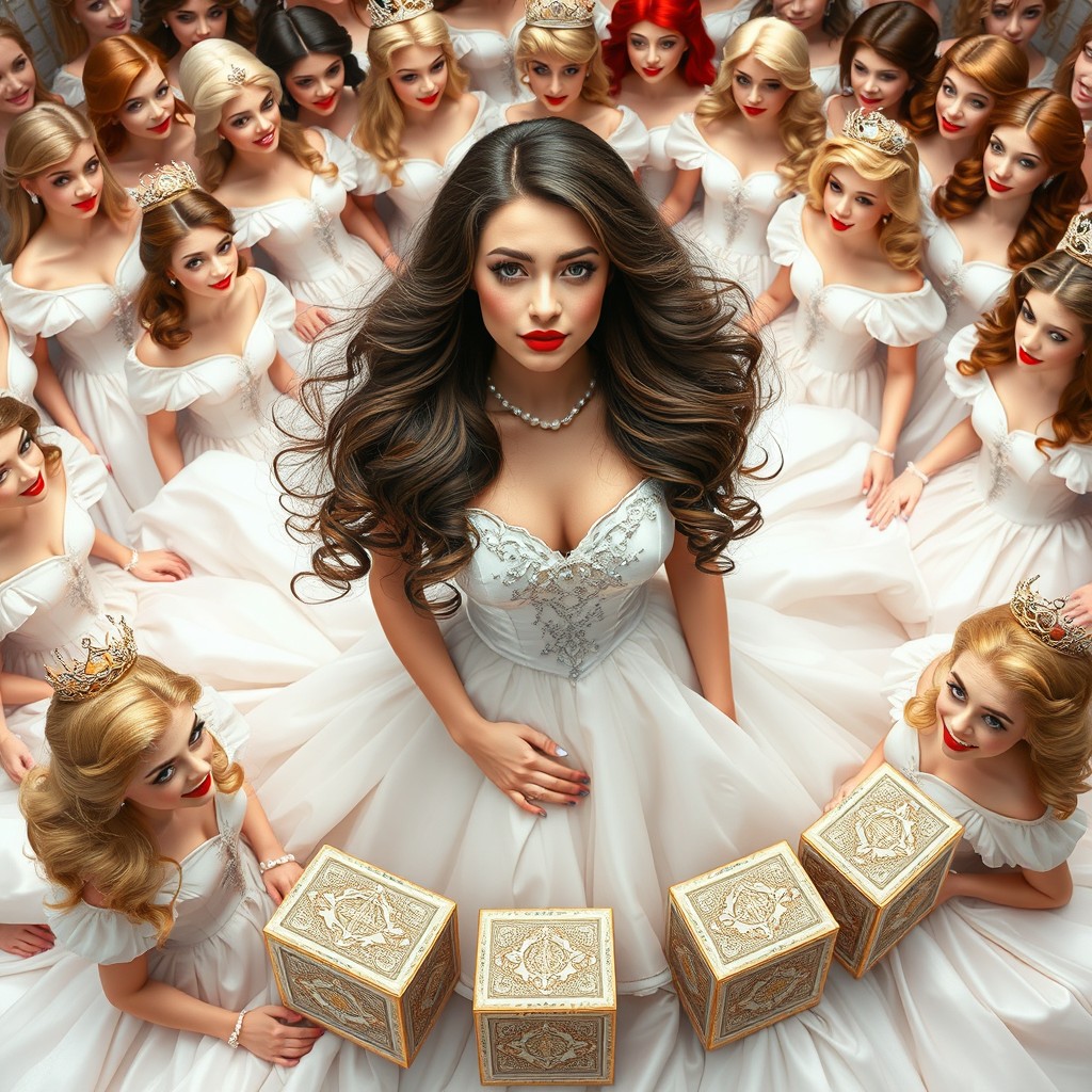 Espen Askeladd surrounded by 25 beautiful princesses, each with sweet, enchanting smiles