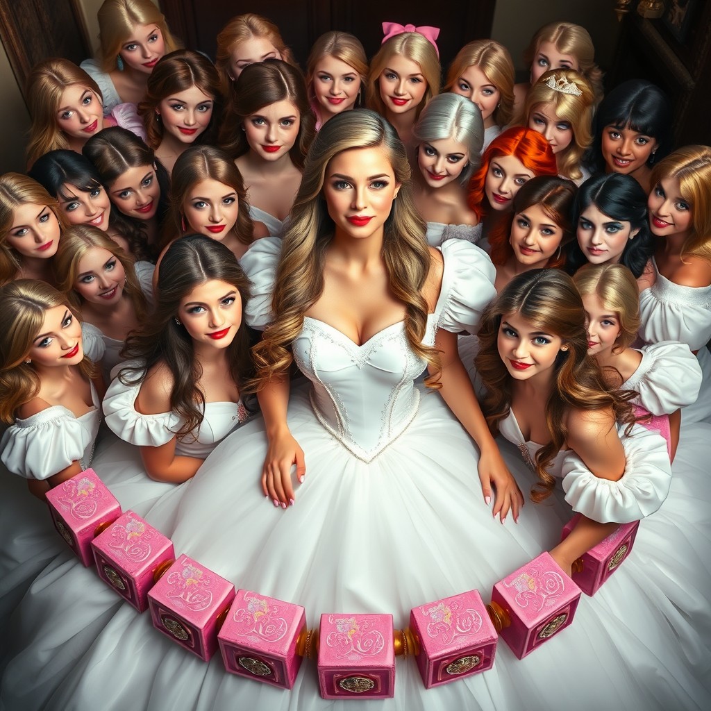 Espen Askeladd surrounded by 25 beautiful princesses, each showcasing sweet, charming smiles