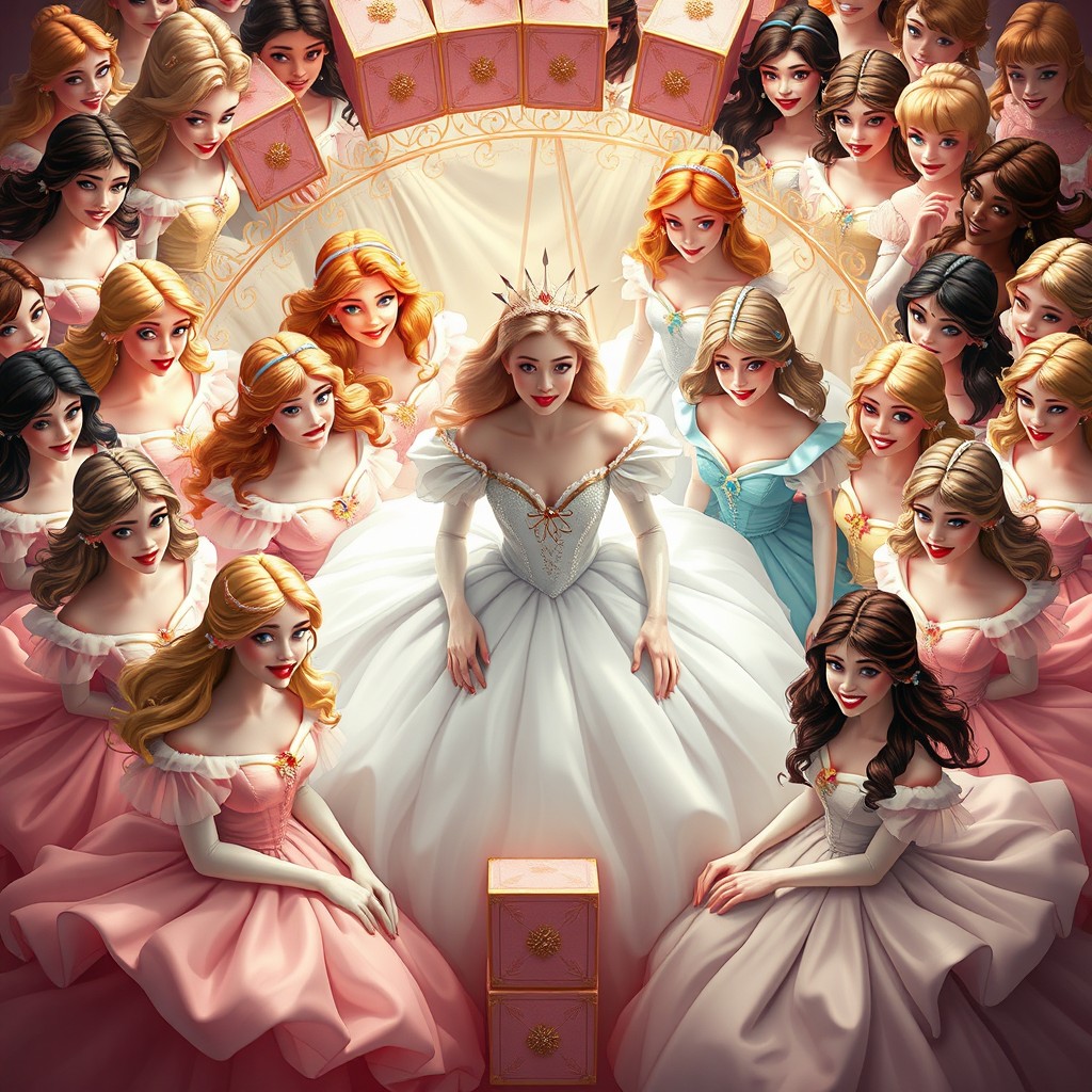 Espen Askeladd surrounded by 25 beautiful princesses, all with sweet, enchanting smiles