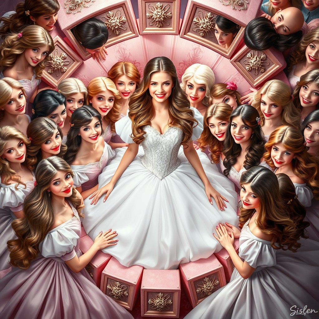 Espen Askeladd surrounded by 25 beautiful princesses, each displaying sweet, radiant smiles