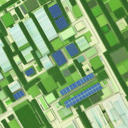 An illustration of a green city, with solar panels on the rooftops and trees lining the sidewalks.