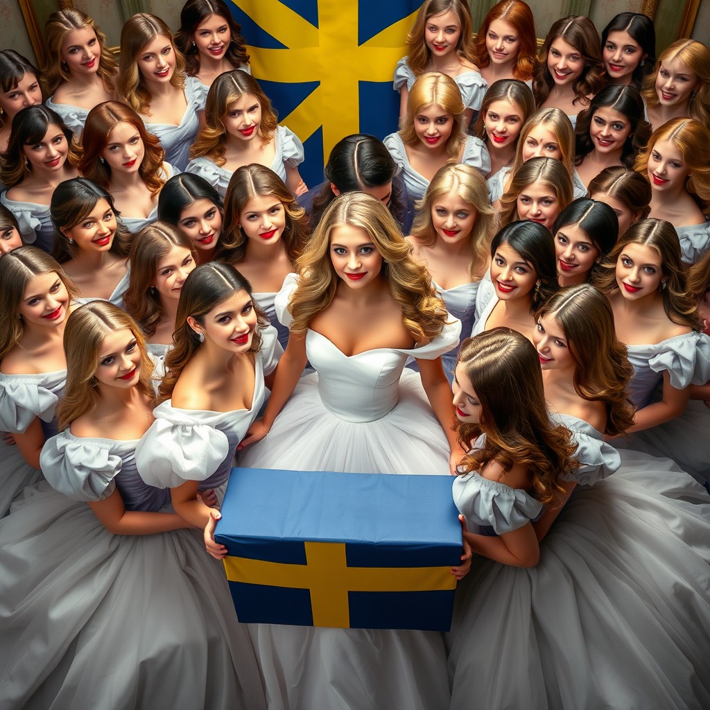Espen Askeladd surrounded by 25 beautiful Swedish princesses, each with sweet, charming smiles