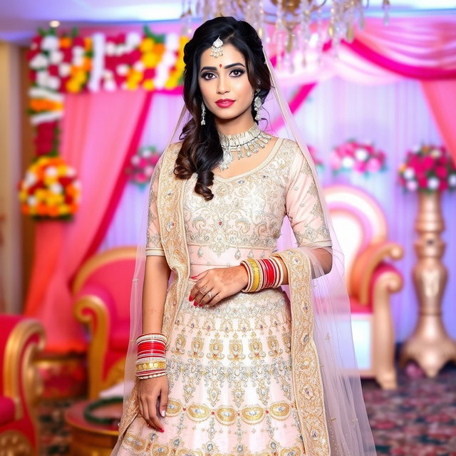 A beautiful desi bride dressed in a stunning traditional bridal lehenga, intricately designed with gold and silver embroidery