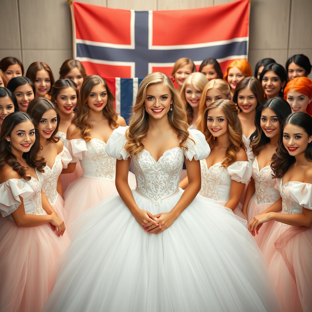 Espen Askeladd surrounded by 25 beautiful Norwegian princesses, each displaying sweet and enchanting smiles