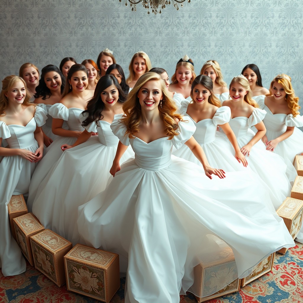 Espen Askeladd surrounded by 25 beautiful Norwegian princesses, each showcasing sweet and radiant smiles