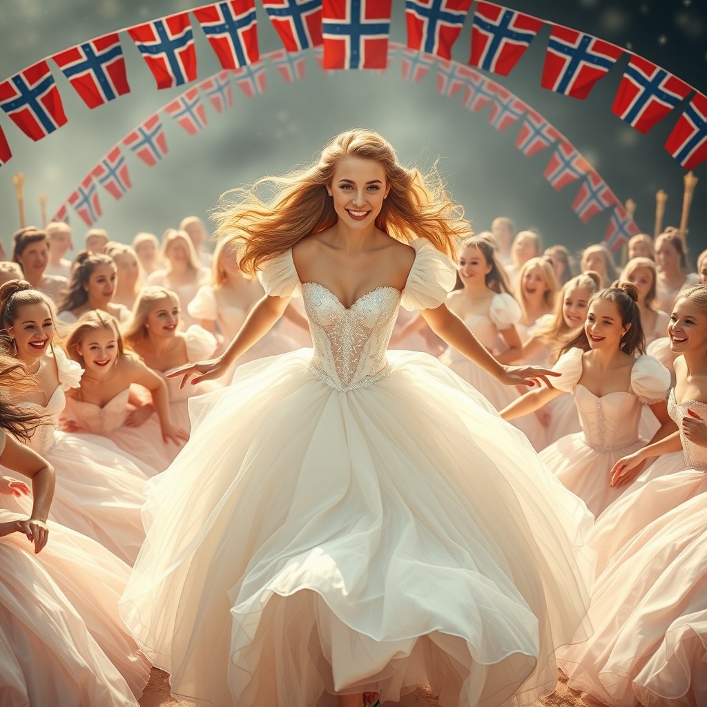Espen Askeladd, surrounded by 25 stunning Norwegian princesses, each wearing exquisite ball gowns with puff sleeves and voluminous skirts, showcasing beautiful flowing hair