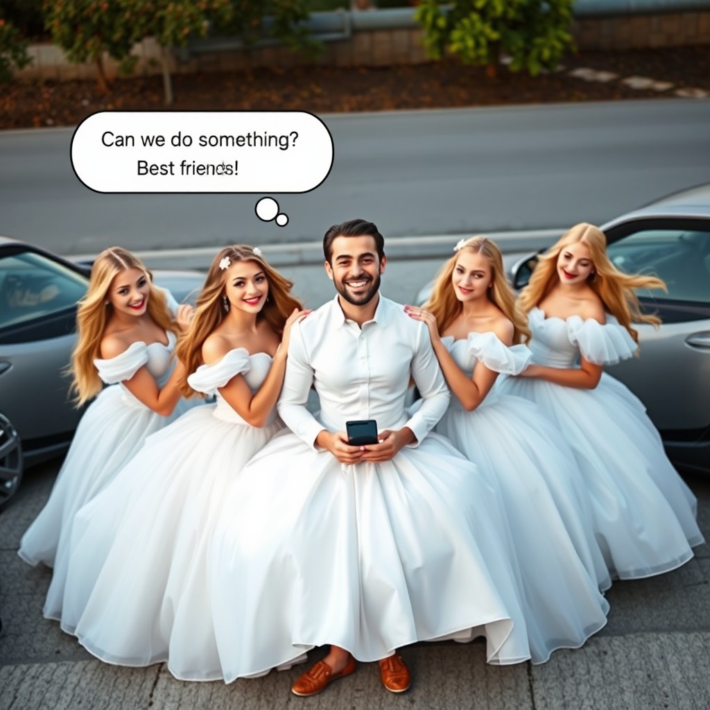 Espen Askeladd, smiling brightly, is surrounded by 5 beautiful princesses, each radiating joy with charming smiles