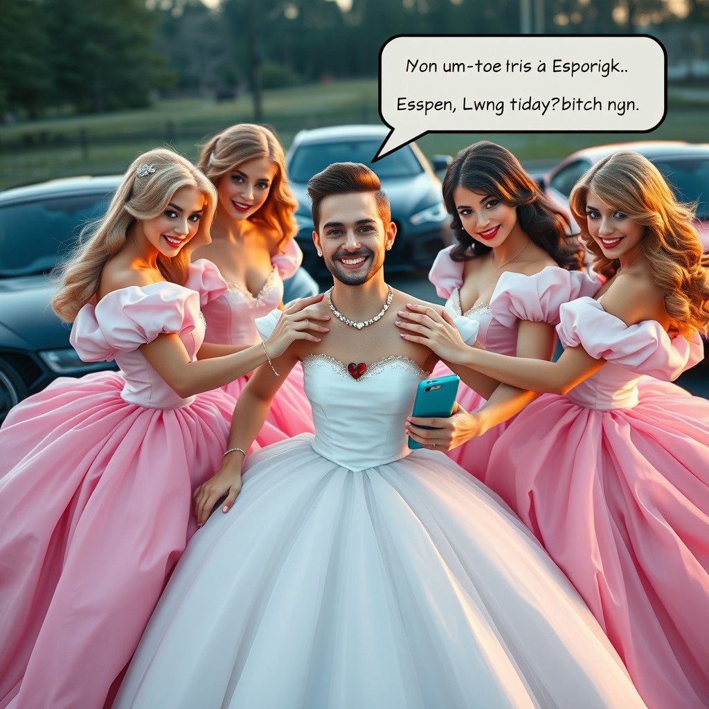 Espen Askeladd, smiling brightly, is surrounded by 5 beautiful princesses, each with charming smiles and elegant features