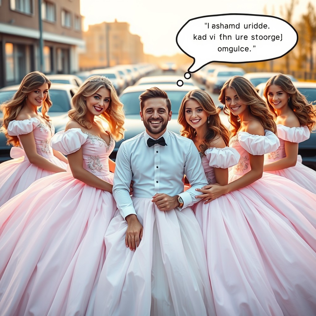 Espen Askeladd, smiling joyfully, is surrounded by 5 beautiful princesses, each with sweet smiles and graceful appearances