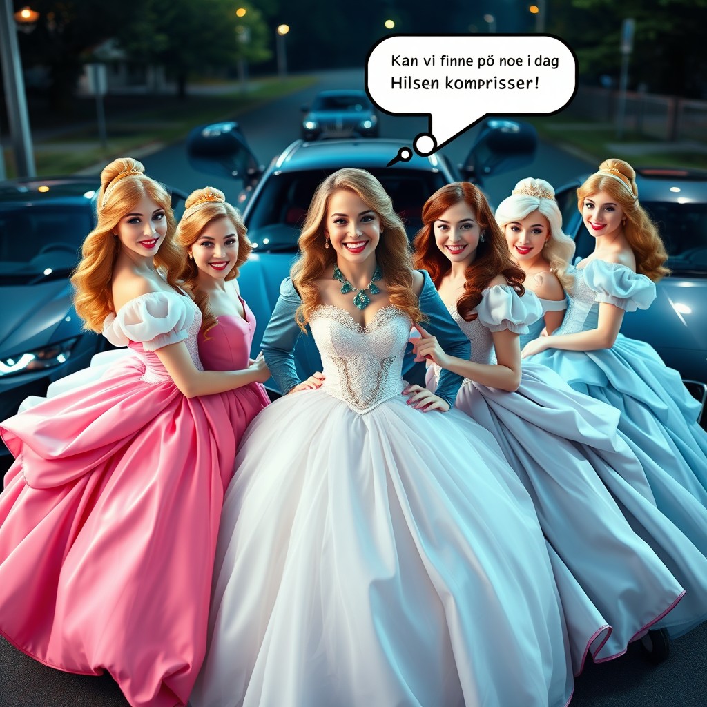 Espen Askeladd, happily smiling, is encircled by 5 stunning Disney princesses, each with delightful and radiant smiles