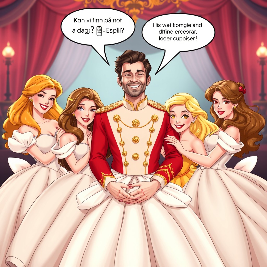 Espen Askeladd, the prince, is joyfully smiling as he is surrounded by 5 stunning Disney princesses, each radiating sweet and beautiful smiles