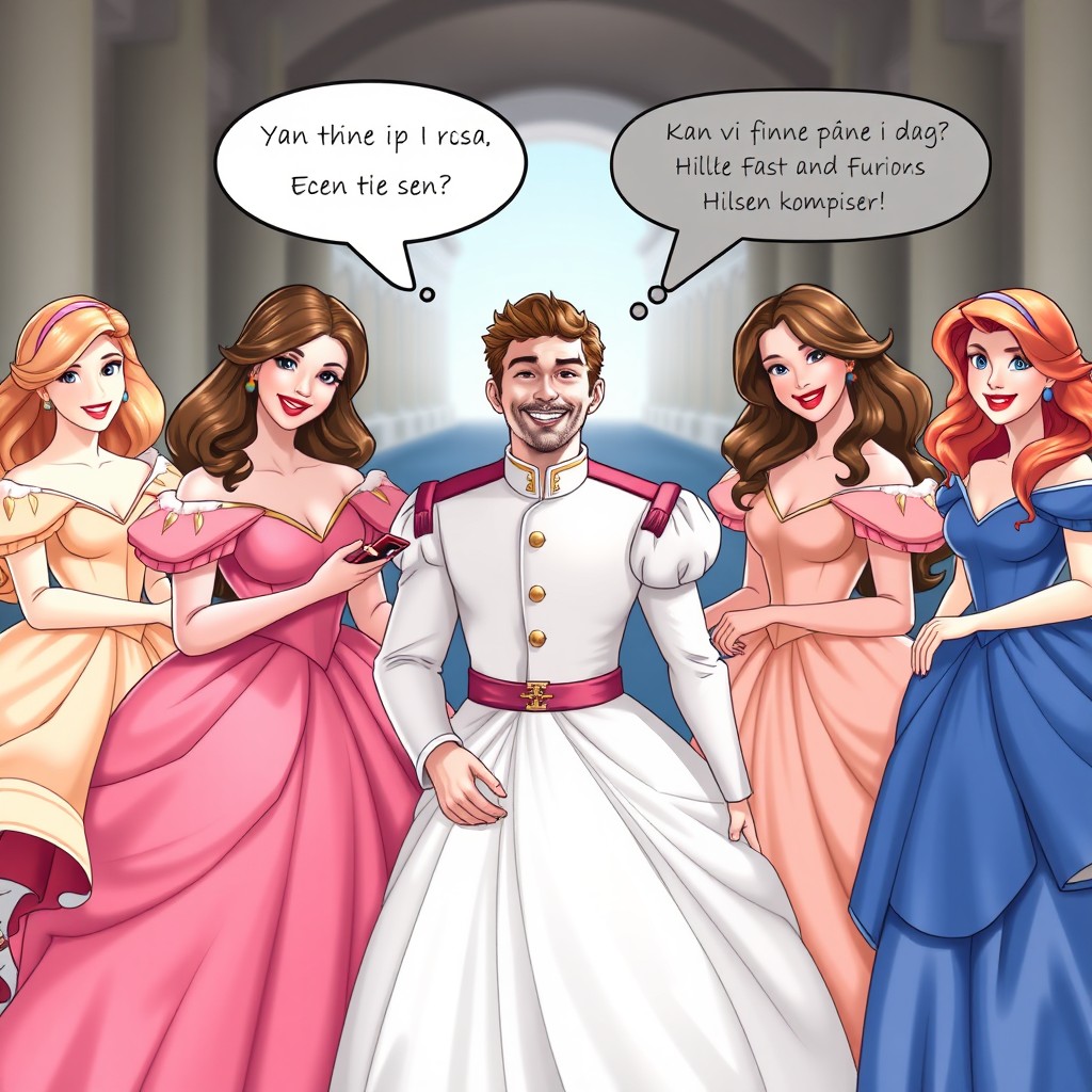 Espen Askeladd, the prince, beams with joy as he is surrounded by 5 stunning Disney princesses, all showcasing sweet, radiant smiles