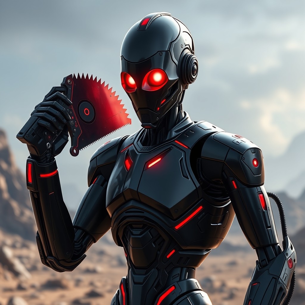 A futuristic character that is half robotic and half human, resembling a blend of a humanoid form and mechanical elements