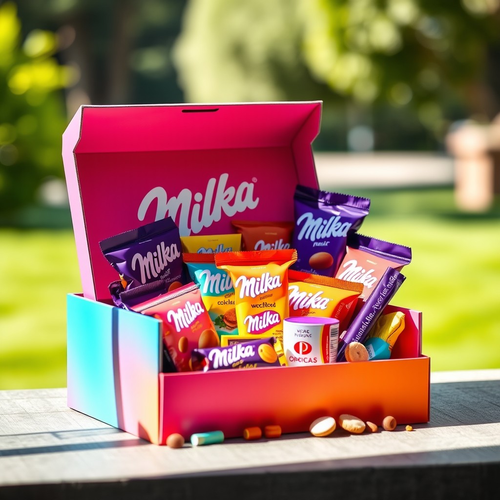 A luxurious Milka promotional gift box in an unconventional bright color scheme, featuring vibrant tones such as pink, turquoise, orange, and pastel rainbow