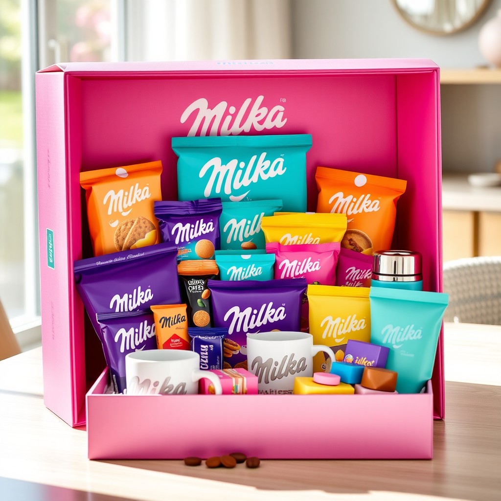 A luxurious promotional Milka gift box in an unconventional bright color scheme, featuring pink, turquoise, orange, and pastel rainbow instead of the traditional purple