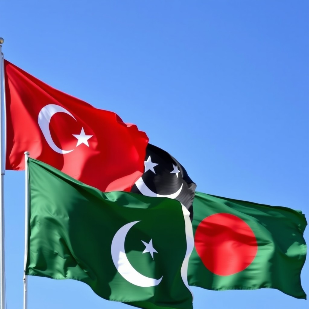 A vibrant display of the flags of Turkey, Pakistan, and Bangladesh arranged together in a harmonious composition