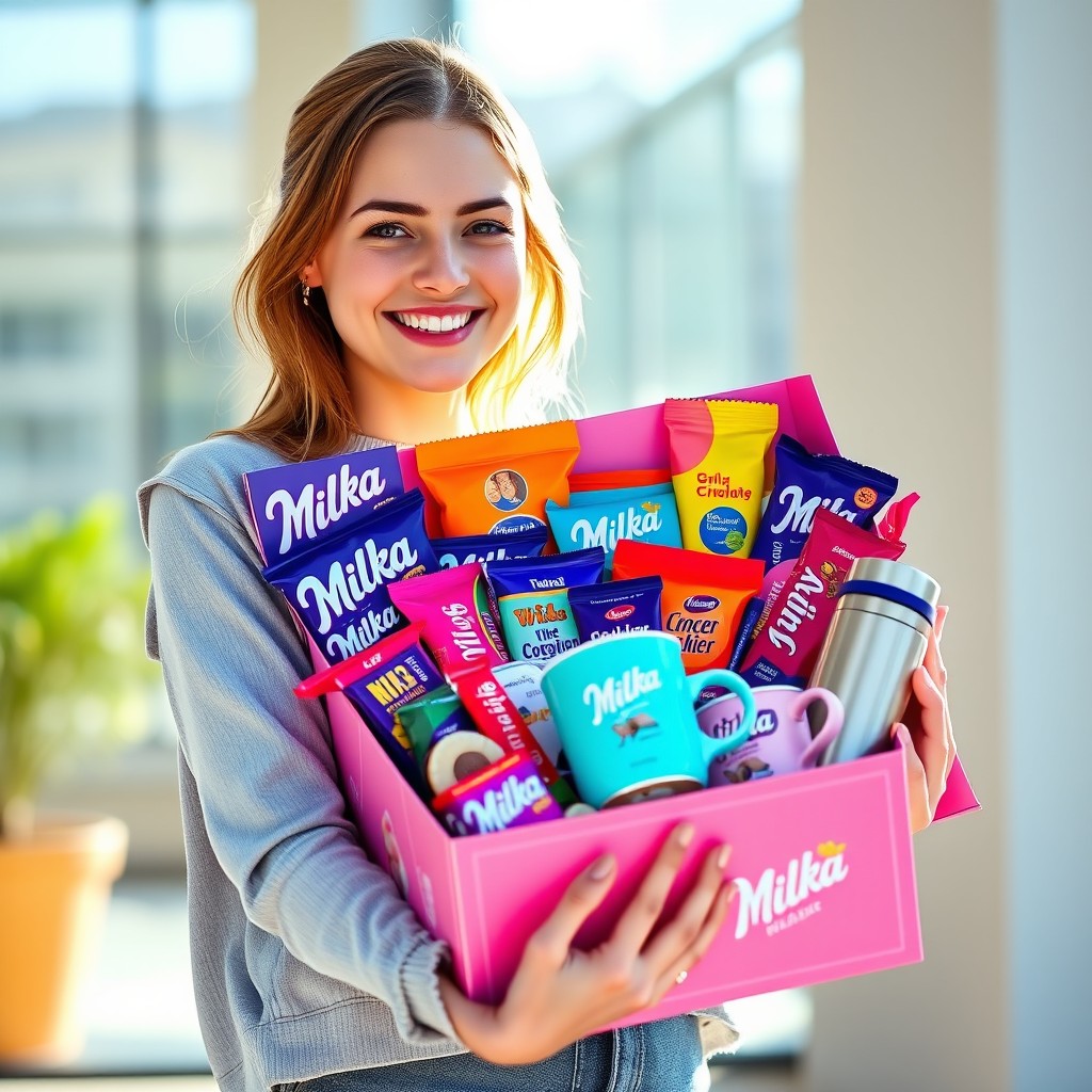 A happy attractive German girl is holding a luxurious promotional Milka gift box, which she won in a raffle