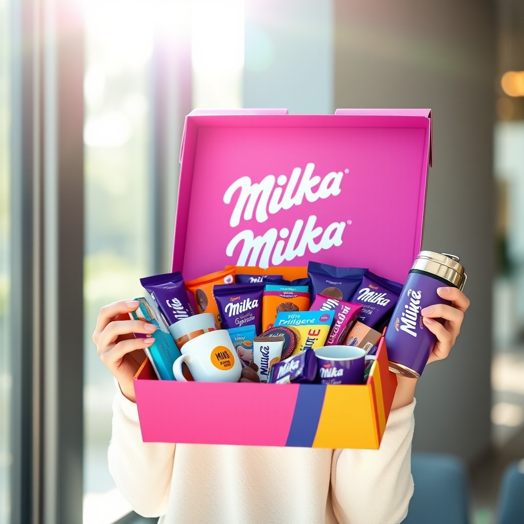 A happy attractive German woman holds a luxurious promotional Milka gift box that she won in a raffle
