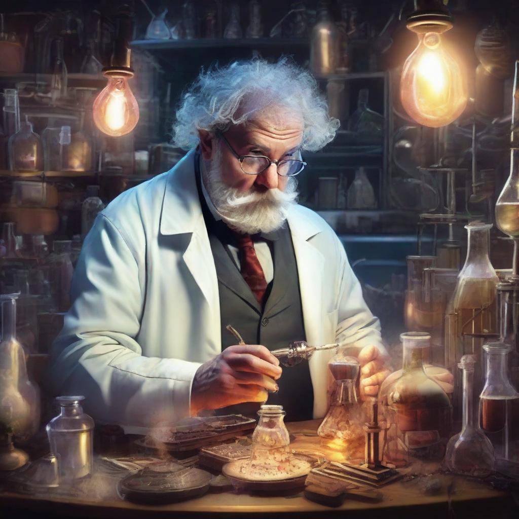 A mad scientist intensely engrossed in his experimentation inside a dimly lit chaotic lab, surrounded by eccentric inventions and bubbling concoctions.