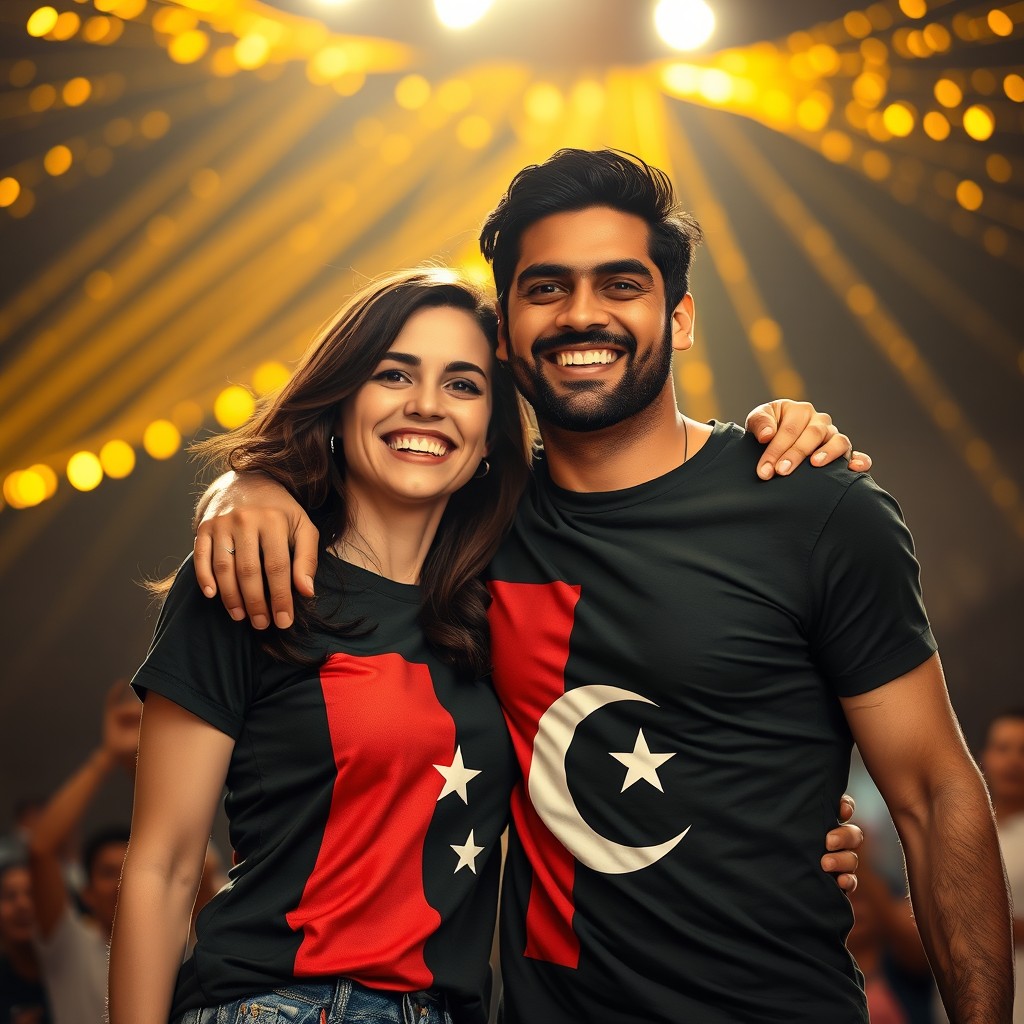 A brunette woman and a dark-haired man standing in a powerful embrace, their faces radiating joy and hope, celebrating a significant moment of victory together