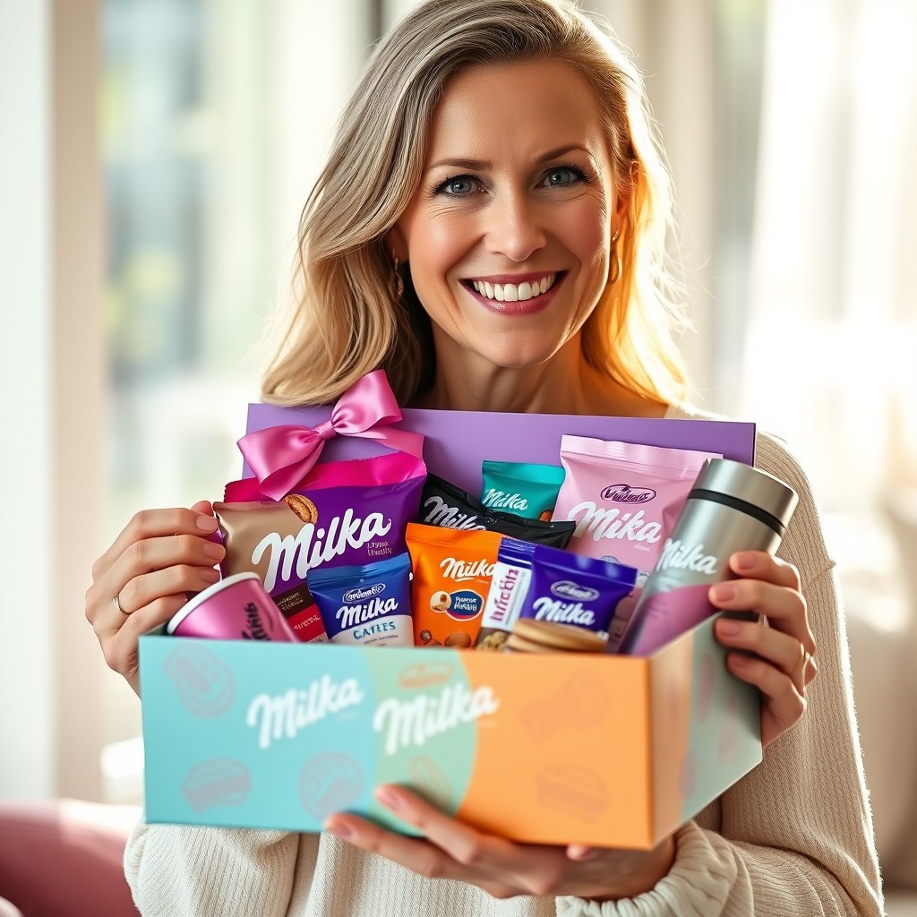 A happy attractive German woman, around 45 years old, is holding a luxurious promotional Milka gift box that she won in a raffle