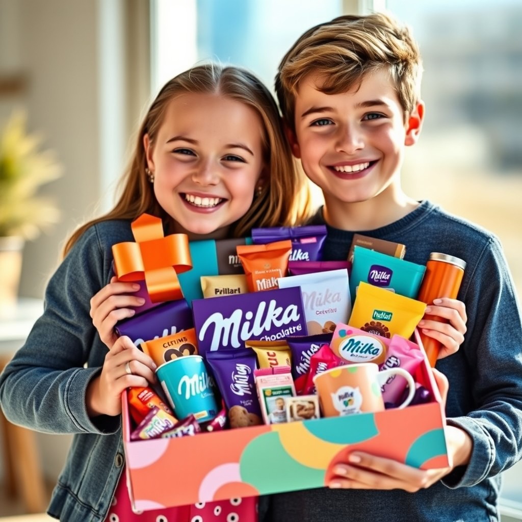 A happy attractive German girl and boy are holding a luxurious promotional Milka gift box that they won in a raffle