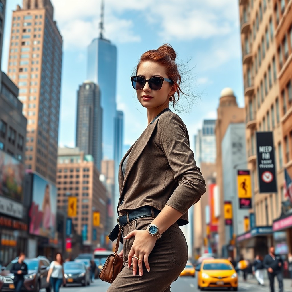A stylish young woman posed confidently in front of a vibrant New York City skyline, reminiscent of the aesthetic from the TV series 'Gossip Girl'