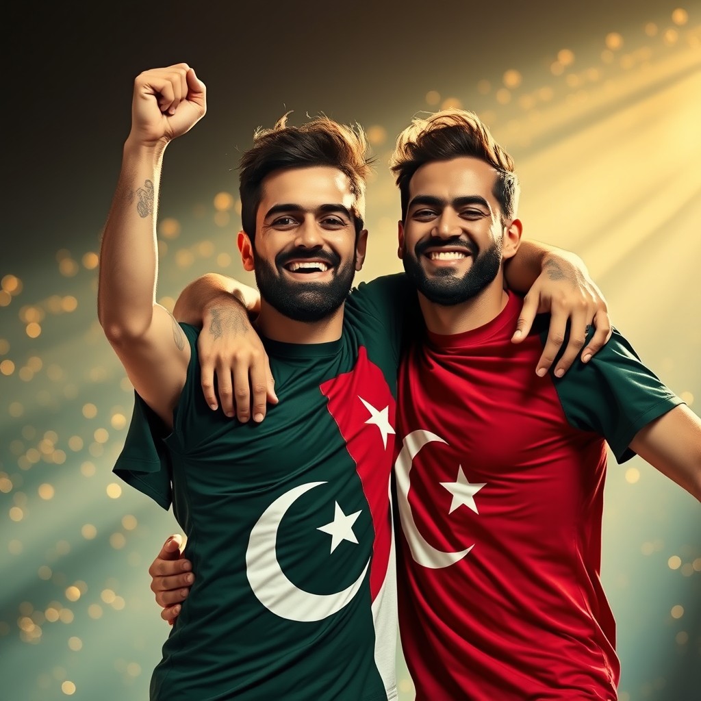 A brunette man and a brown-haired man standing in a powerful embrace, their faces brimming with joy and hope, celebrating a moment of victory together