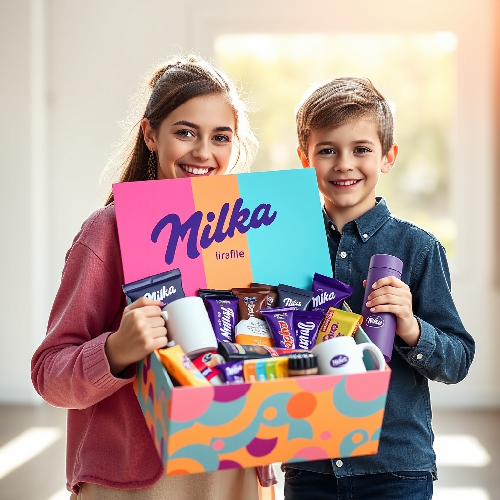 A happy attractive German girl and boy are holding a luxurious promotional Milka gift box that she won in a raffle