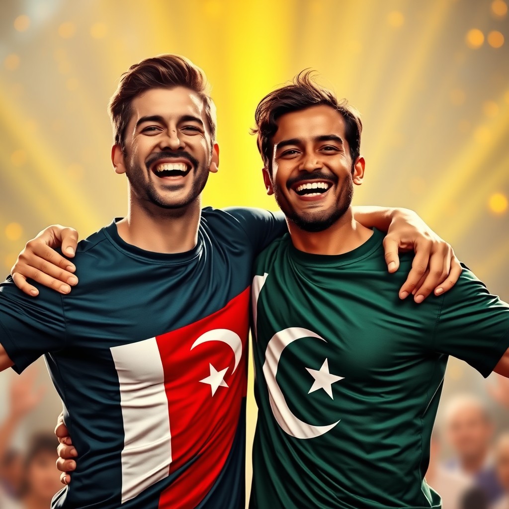 A brunette man and a brown-haired man stand in a powerful embrace, their faces radiating joy and hope, celebrating a moment of victory