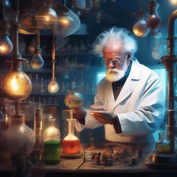 A mad scientist intensely engrossed in his experimentation inside a dimly lit chaotic lab, surrounded by eccentric inventions and bubbling concoctions.