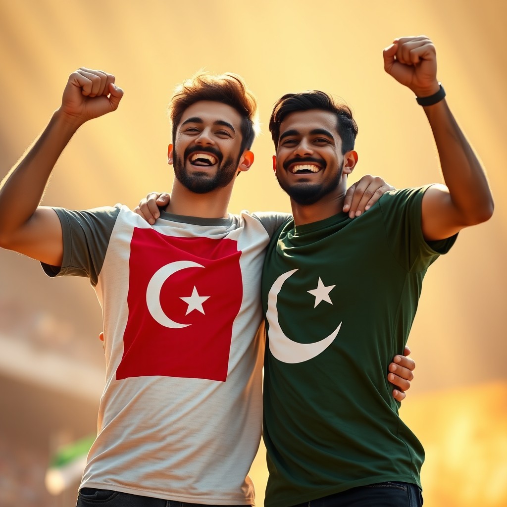 A brown-haired man wearing a Turkish flag T-shirt and a dark-haired man wearing a Pakistani flag T-shirt stand in a powerful embrace, their faces full of joy and hope, celebrating a moment of victory