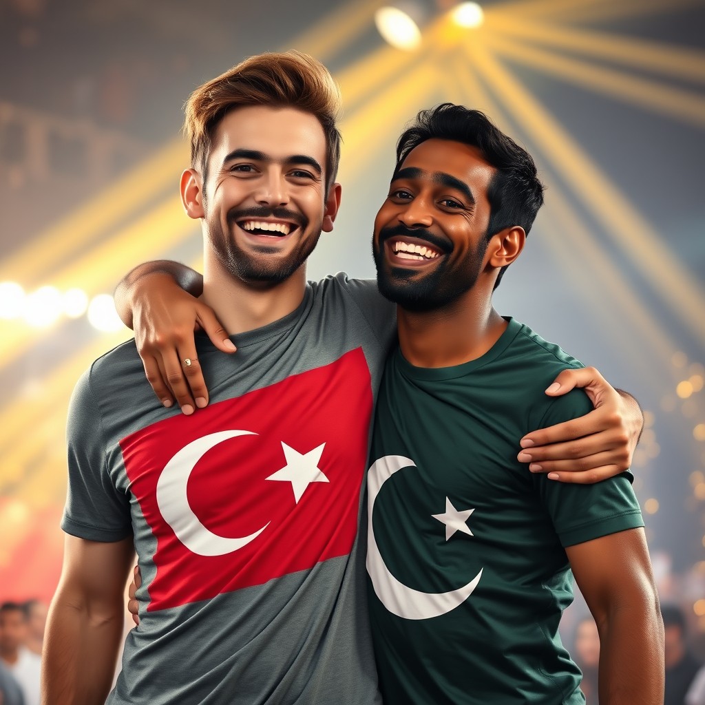 A brown-haired man in a Turkish flag T-shirt embraces a dark-haired man wearing a Pakistani flag T-shirt