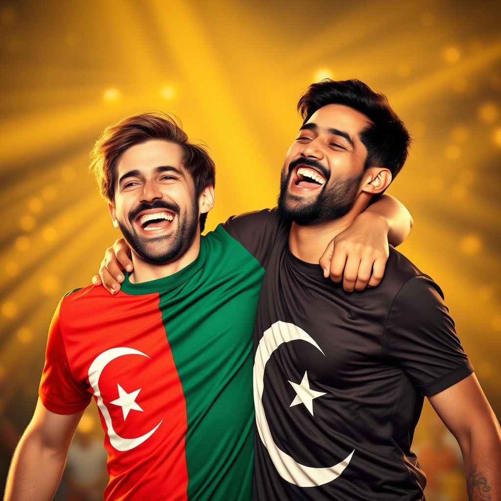 A joyful scene of a brown-haired man wearing a vibrant Turkish flag T-shirt and a dark-haired man in a striking Pakistani flag T-shirt