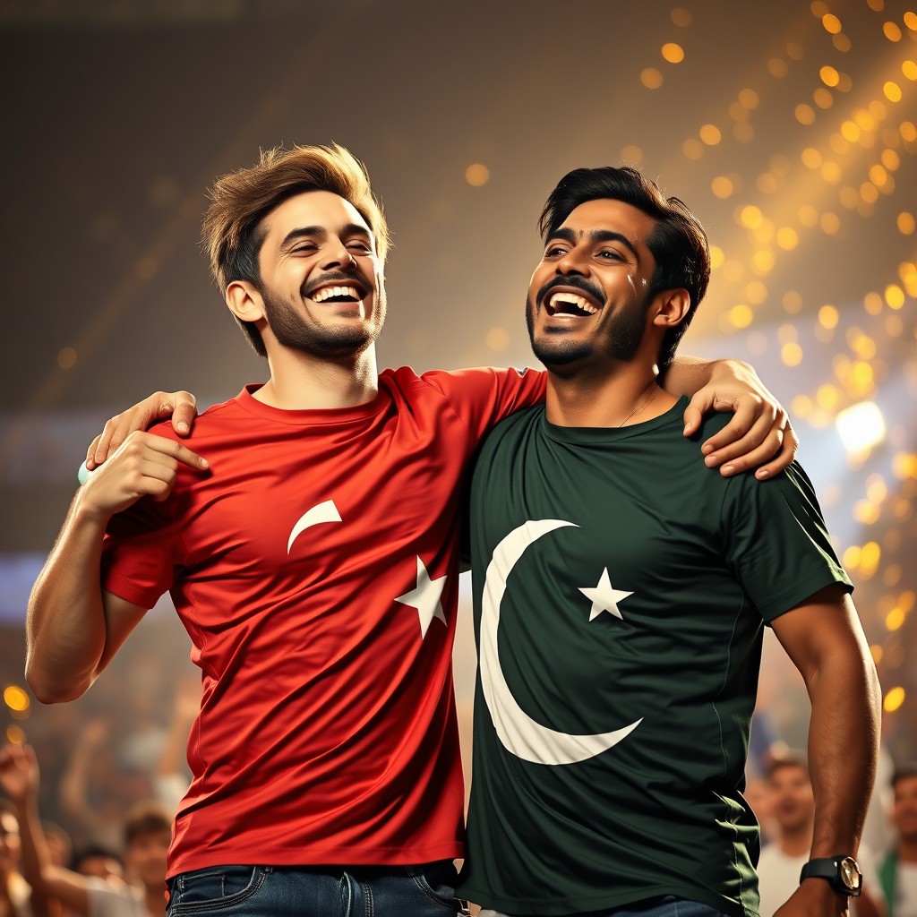 A brown-haired man wearing a Turkish flag T-shirt and a dark-haired man wearing a Pakistani flag T-shirt stand in a powerful embrace, their faces radiating joy and hope as they celebrate a moment of victory