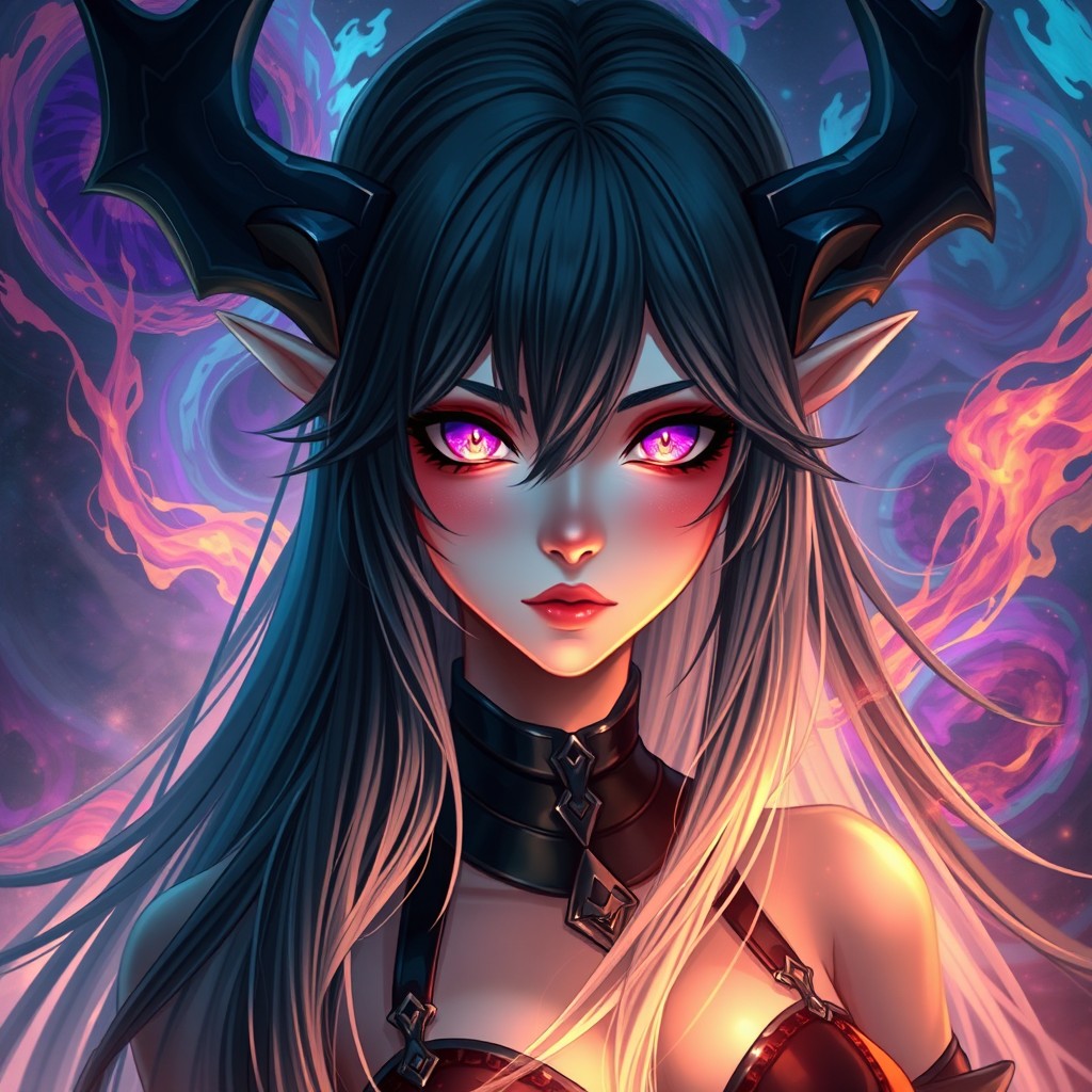 A beautiful character that embodies both good and evil, featuring long hair in a stunning digital art style