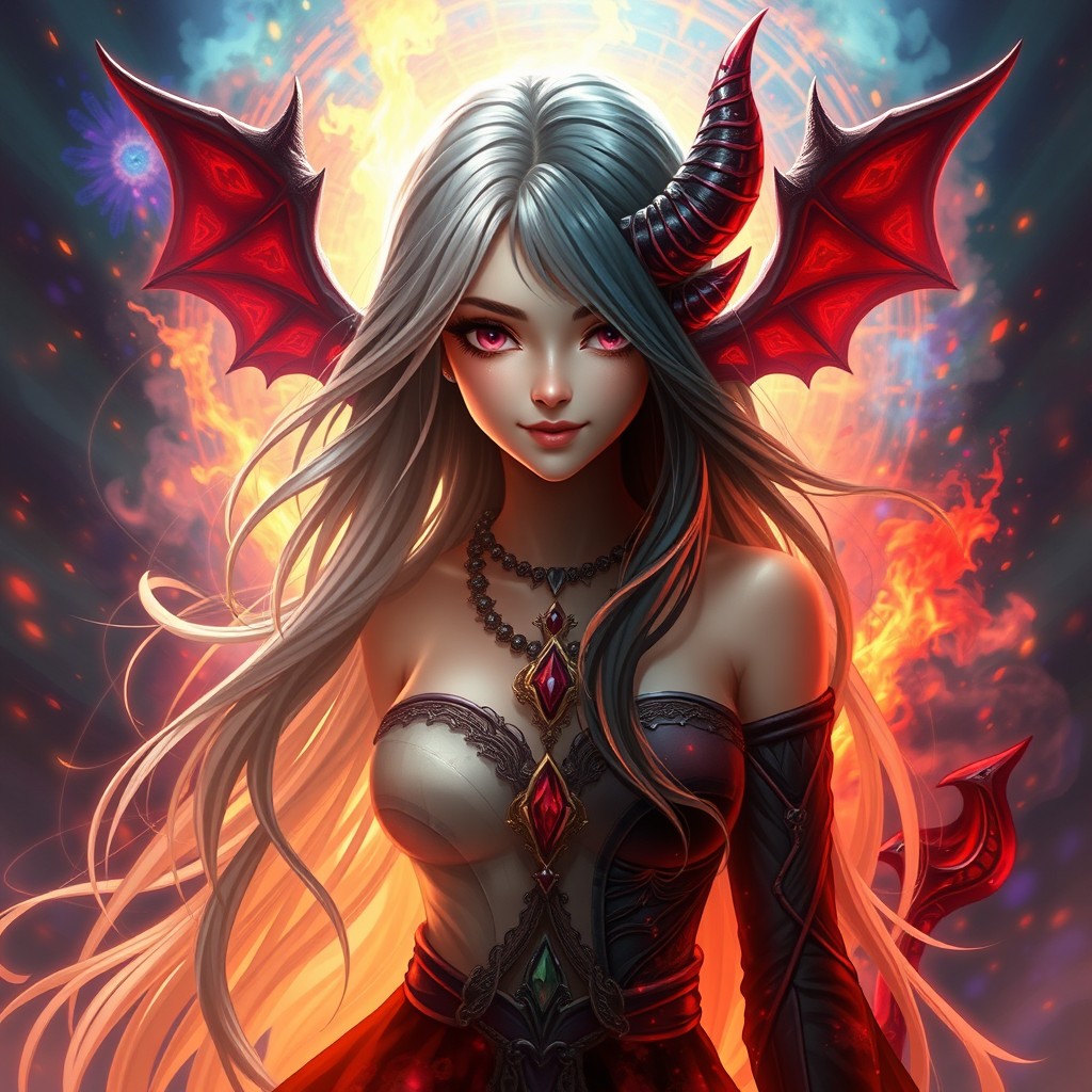A beautiful character, half good and half evil, with long flowing hair, styled in a captivating digital art style
